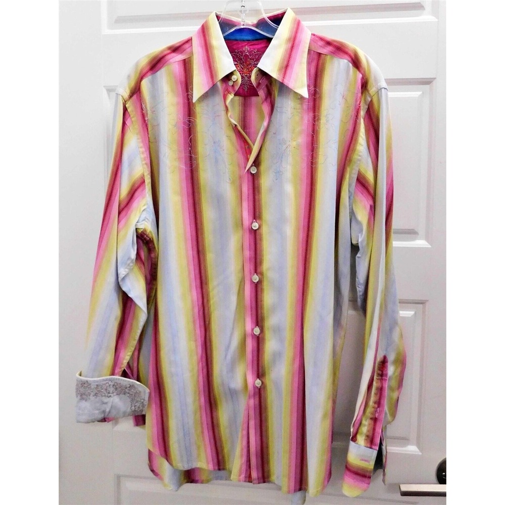 Robert Graham Cotton Purple White Yellow Multicolor Stripe Button Down‎ Shirt L